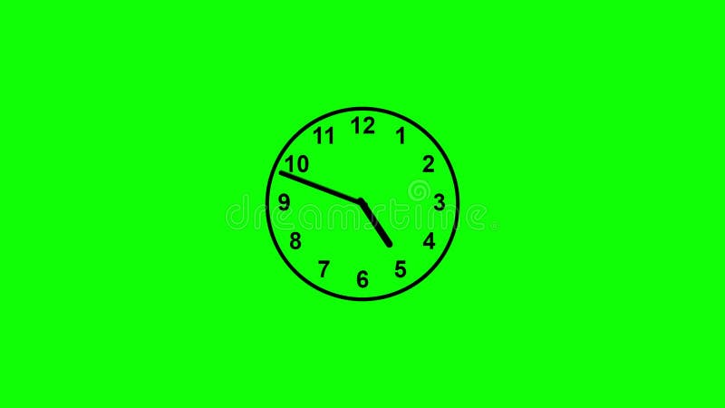 Running clock with hour and minute hands on green screen background