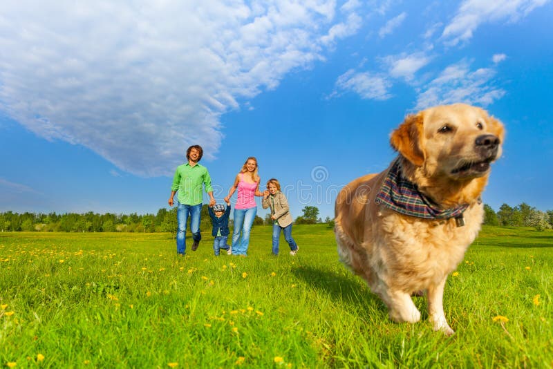 Running dog in front of happy family walking in park in summer