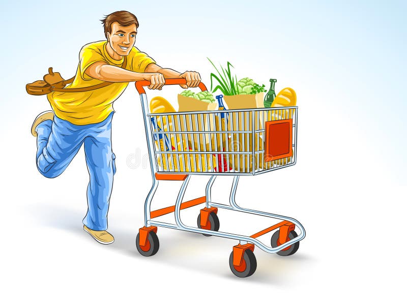 Cartoon Grocery Cart With Food.