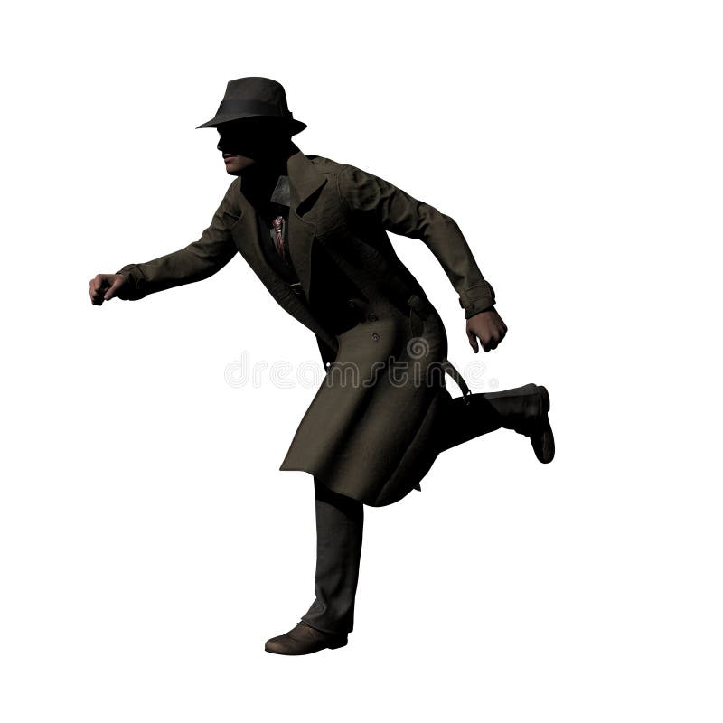 A man in an open trench coat is running. He wears a fedora hat. 3D-Rendering. A man in an open trench coat is running. He wears a fedora hat. 3D-Rendering.