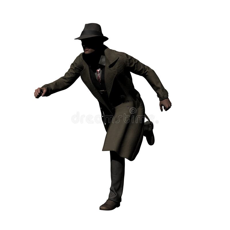 A man in an open trench coat is running. He wears a fedora hat. 3D-Rendering. A man in an open trench coat is running. He wears a fedora hat. 3D-Rendering.