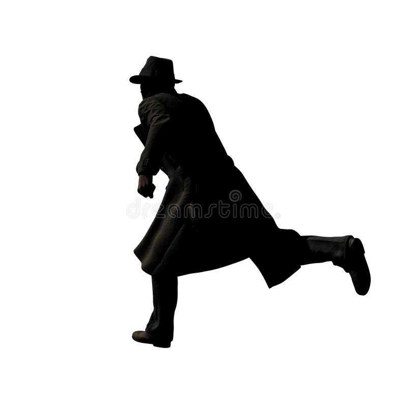 A man in an open trench coat is running. He wears a fedora hat. 3D-Rendering. A man in an open trench coat is running. He wears a fedora hat. 3D-Rendering.