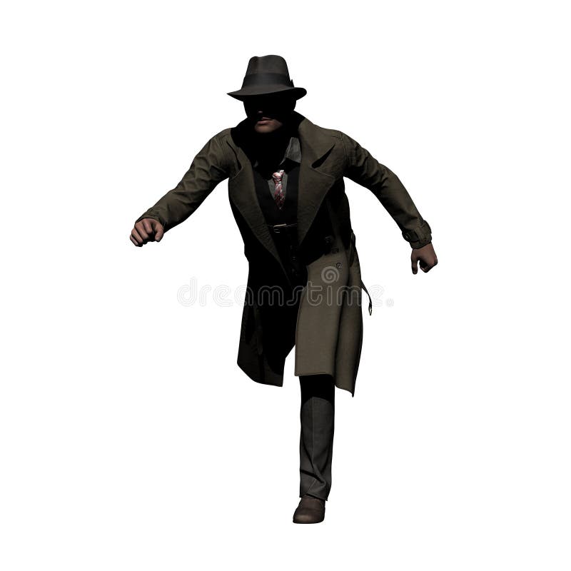 A man in an open trench coat is running. He wears a fedora hat. 3D-Rendering. A man in an open trench coat is running. He wears a fedora hat. 3D-Rendering.