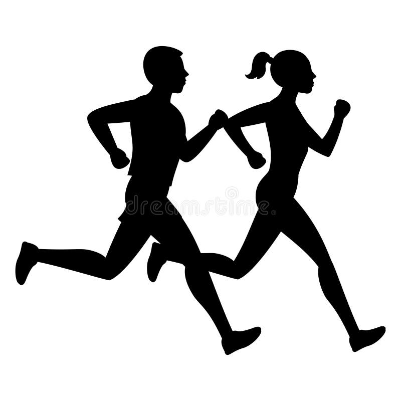 Running man and woman black vector silhouettes