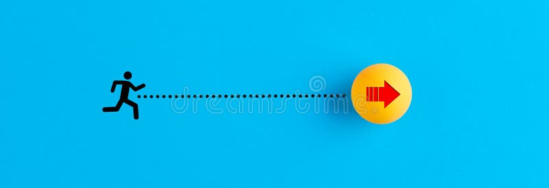 Running person icon is following the fast moving table tennis ball. Chasing the direction to success stock photography