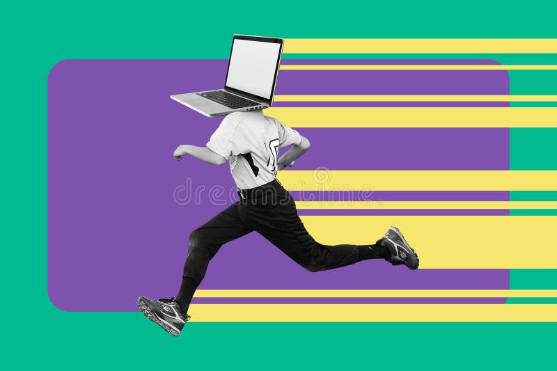 Running person with laptop head, fast computing concept. Internet connection and computer processor speed. Artificial intelligence working fast. Retro pop art and digital collage