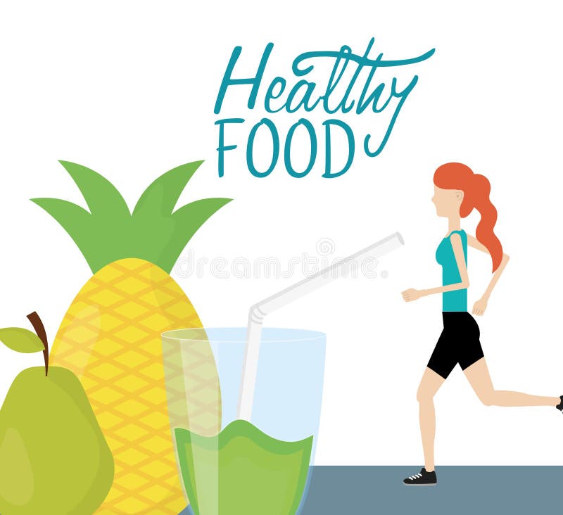 Running woman with pineapple pear and juice health food