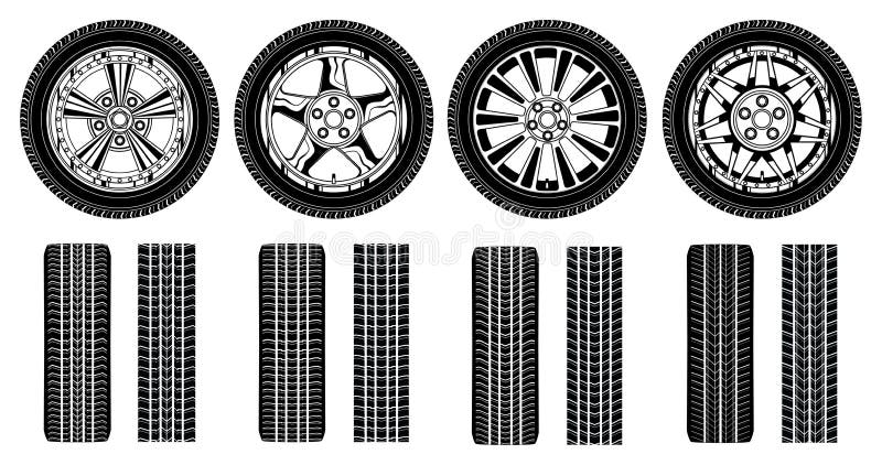 Illustration of four tires, alloy rims and tire tracks in a black and white graphic style. Illustration of four tires, alloy rims and tire tracks in a black and white graphic style.