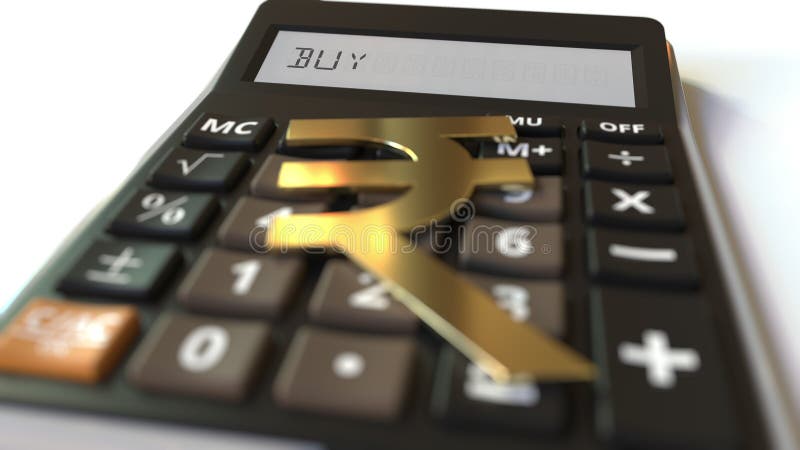 Rupee money symbol on the keys and BUY text on calculator display, conceptual 3d rendering vector illustration