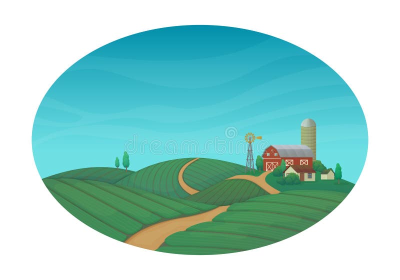 Rural farming  vector illustration. Farm house, barn, silo, windmill with bushes and trees. Green agricultural fields with a road