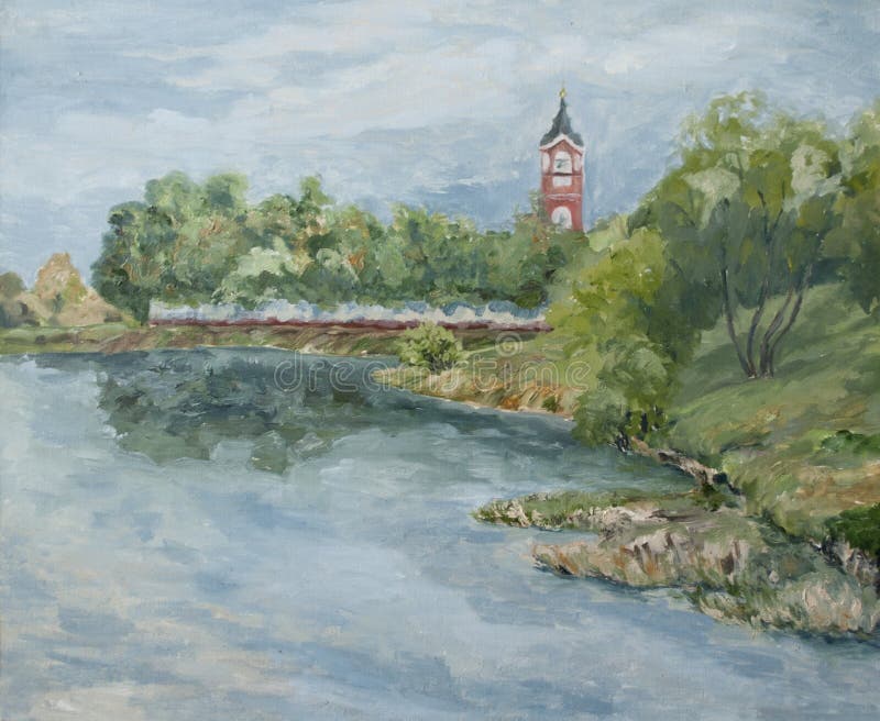 Rural landscape with a church on the river bank