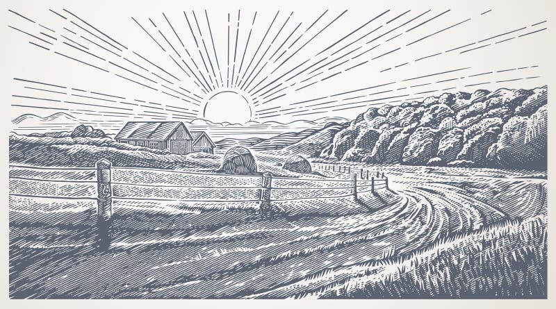 Rural landscape in engraving style