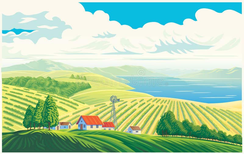 Rural landscape with farm stock vector. Illustration of countryside