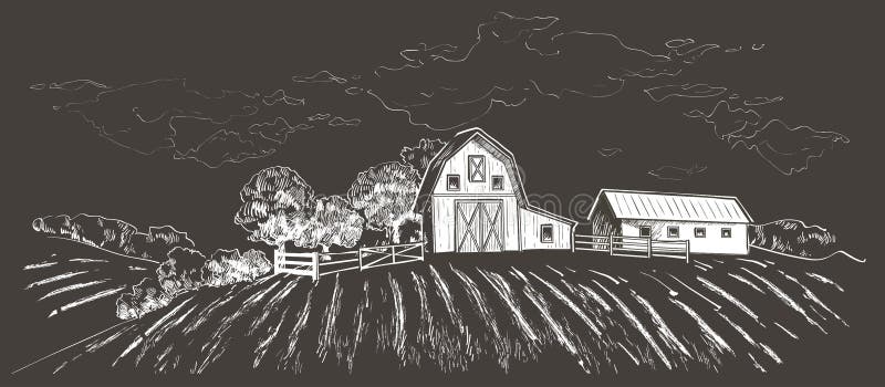 Rural landscape field wheat. Hand drawn vector Countryside landscape engraving style illustration.