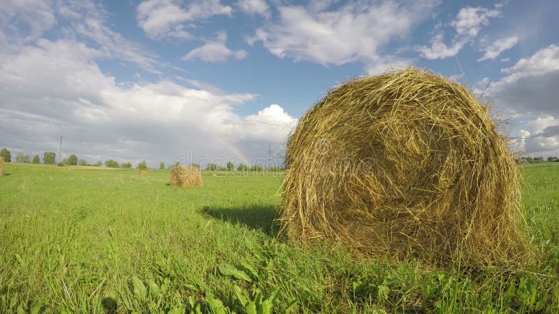 Rural landscape with hay bales on field and rainbow. Timelapse 4K