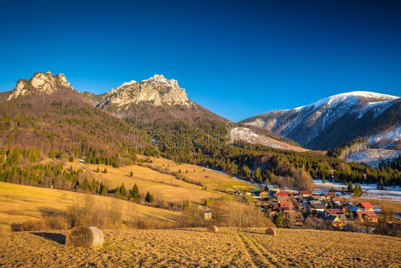 Rural landscape with mountain peaks on background in early sprin