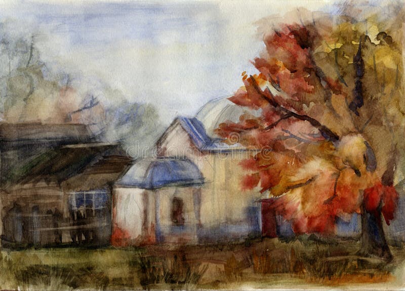 Rural landscape. Watercolor