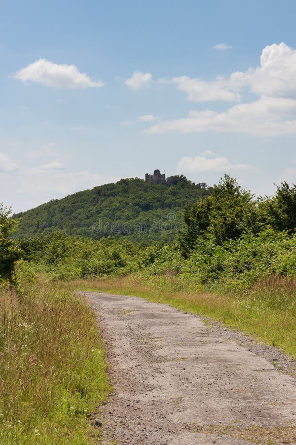 Vidiecka stará asfaltová cesta lesom odbočujúca doľava. Historická zrúcanina hradu na kopci v centre. Letný slnečný deň v slovenskej prírode