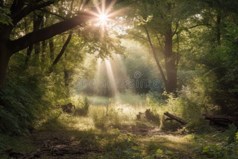 Rural setting with sunbeams shining through the trees vector illustration