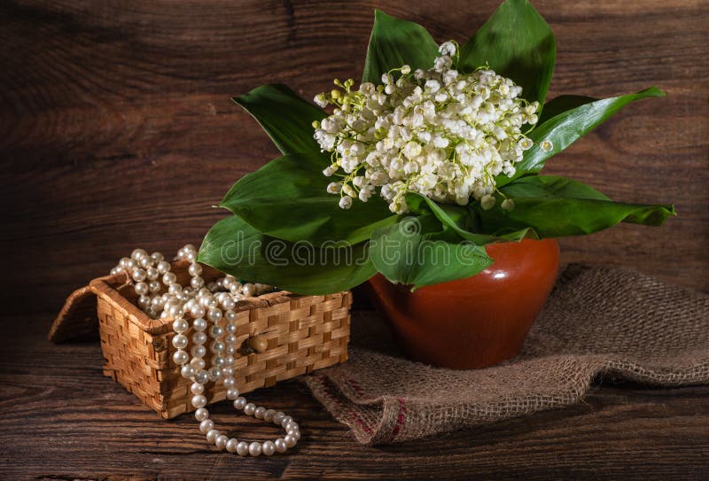 Rural still life with lilies of the valley and jewelry box on wooden background