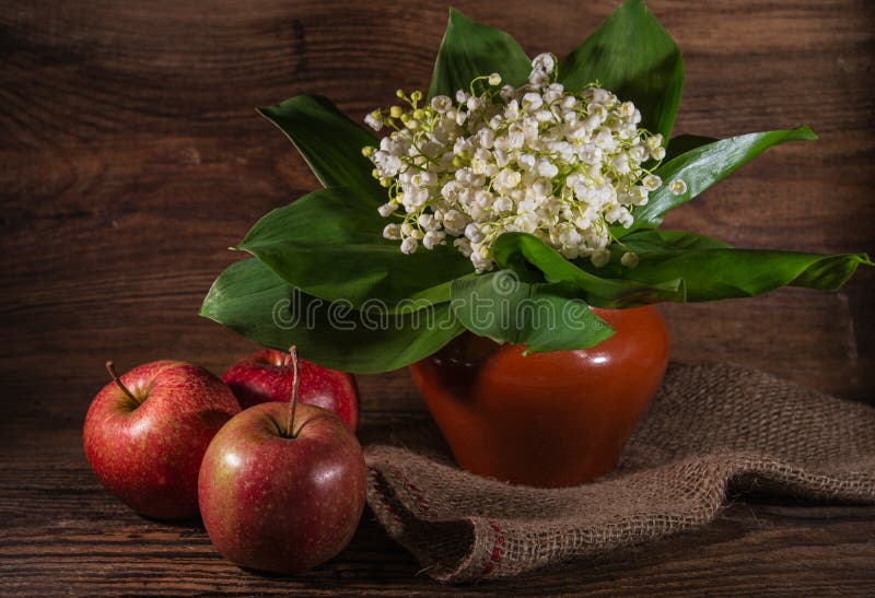 Rural still life with lilies of the valley and apples on wooden background