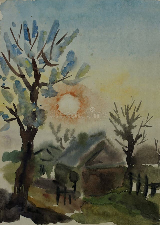 Rural sunrise with blossom apricote trees in a country primitive watercolor art. Rural sunrise with blossom apricot trees in a country siple primitive watercolor royalty free stock photography Rural sunrise with blossom apricote trees in a country primitive watercolor art. Rural sunrise with blossom apricot trees in a country siple primitive watercolor royalty free stock photography