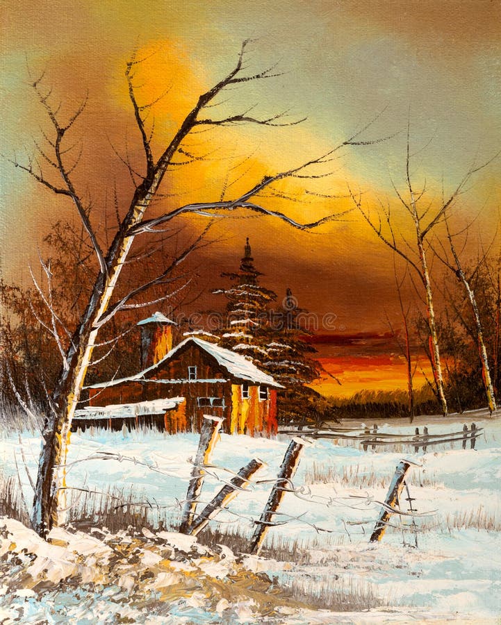 Rural Sunset Winter Landscape Oil Painting