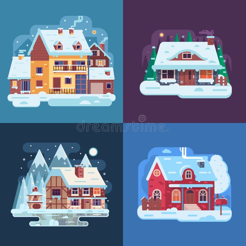 Rural Winter Houses and Cabins Landscapes vector illustration Rural Winter Houses and Cabins Landscapes vector illustration