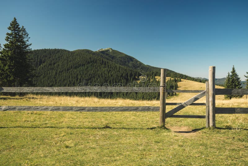 Rural wooden palisade with gate rustic village object fenced territory paddock in highland mountain forest landscape space clear royalty free stock images Rural wooden palisade with gate rustic village object fenced territory paddock in highland mountain forest landscape space clear royalty free stock images