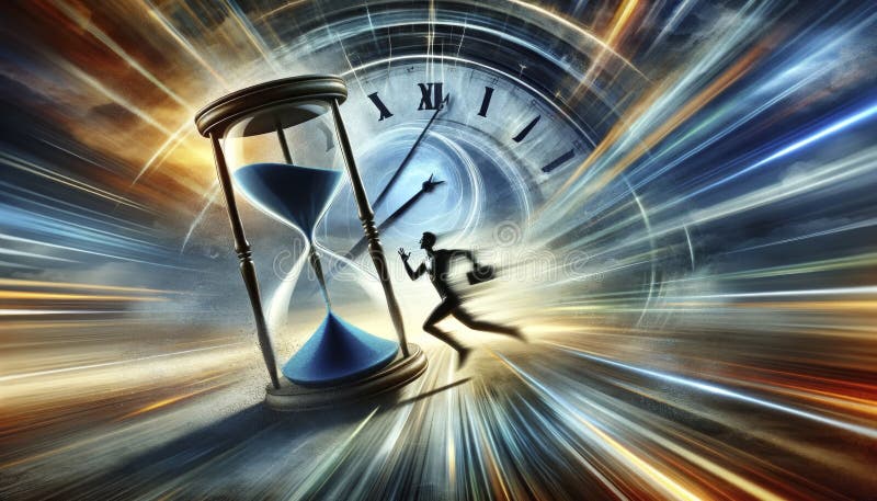 Rush Against Time with Hourglass and Silhouette of a Running Person stock photo