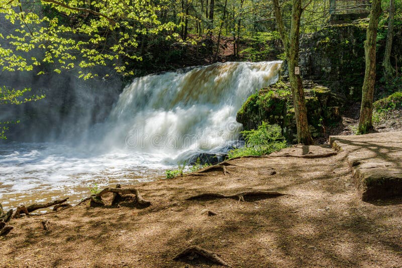 Rushing waterfall in forest with water mist and spray creating slippery conditions around rocks