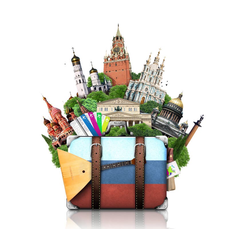 Russia, landmarks Moscow, retro suitcase, travel. Russia, landmarks Moscow, retro suitcase, travel