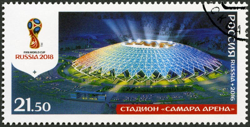 RUSLAND - 2016: toont Samara Cosmos Arena, Samara, reeksstadions, de Voetbalwereldbeker Rusland van 2018 royalty-vrije stock fotografie RUSLAND - 2016: toont Samara Cosmos Arena, Samara, reeksstadions, de Voetbalwereldbeker Rusland van 2018 royalty-vrije stock fotografie