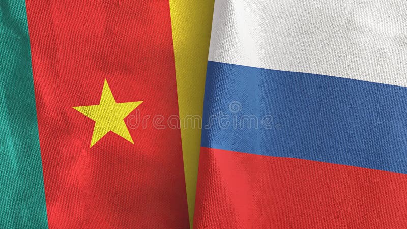 Russia and Cameroon two flags textile cloth 3D rendering royalty free illustration