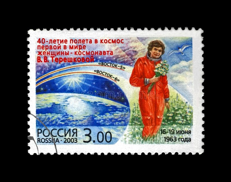 Soviet astronaut Valentina Tereshkova with flowers, 1st woman in the space, blue sky, 40th anniversary of the space