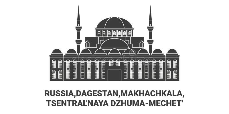 Russia, Dagestan, Makhachkala, Dzhumamechet&#x27; travel landmark line vector illustration. Russia, Dagestan, Makhachkala, Dzhumamechet&#x27; travel landmark line vector illustration