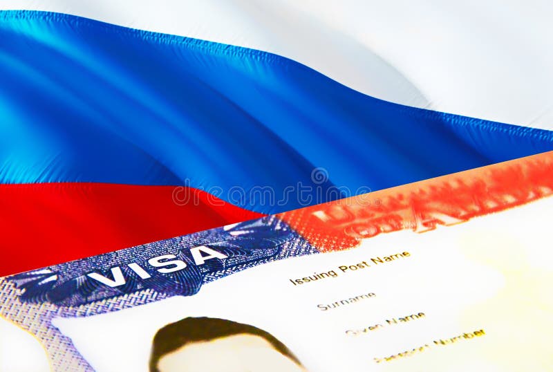 Russia immigration document close up. Passport visa on Russia flag. Russia visitor visa in passport,3D rendering. Russia multi stock illustration