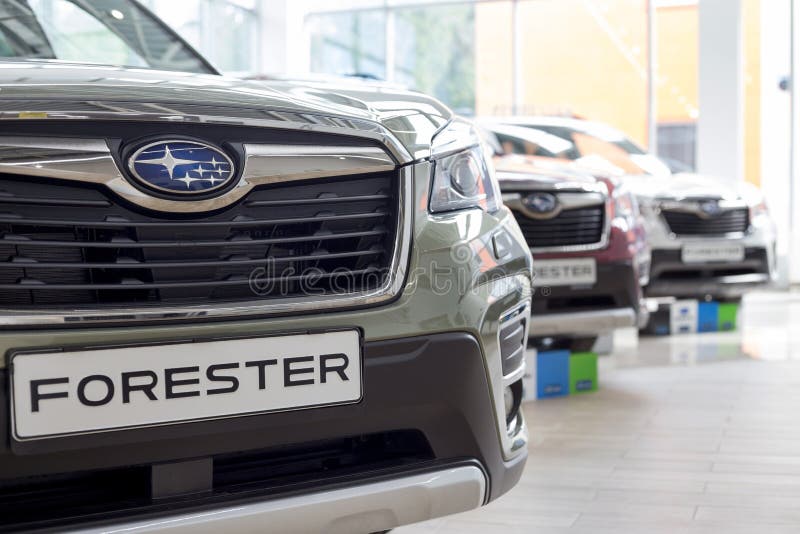 Russia, Izhevsk - August 13, 2020: Subaru Forester and other new modern cars in the Subaru showroom