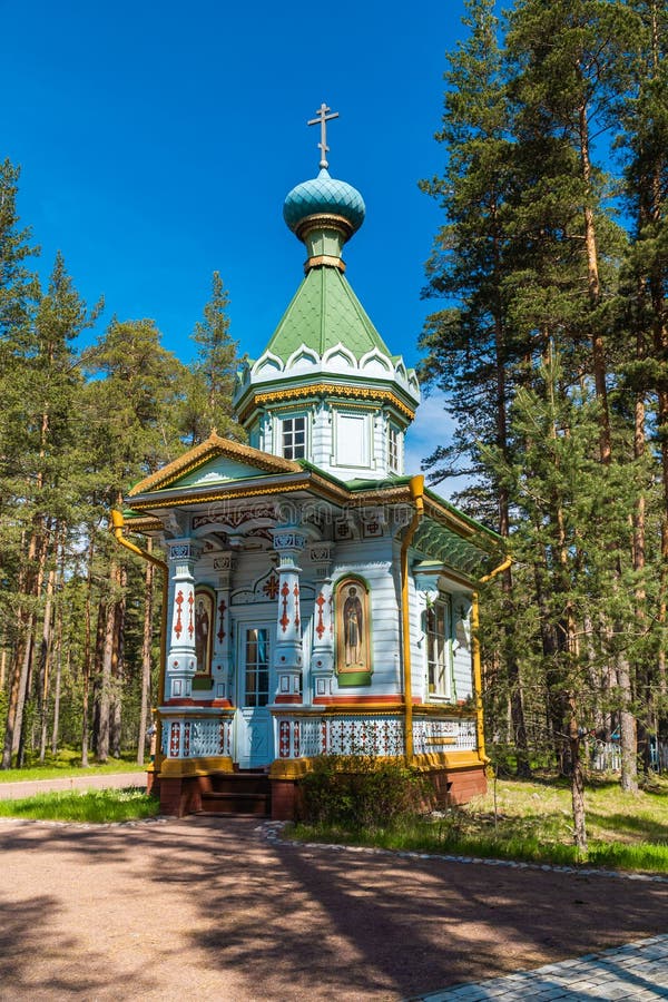 Russia. Leningrad region. May 29, 2022. Assumption Chapel on Konevets Island. stock photo