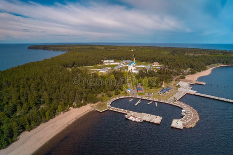 Russia. Leningrad region. May 29, 2022. A bird&#x27;s-eye view of Konevets Island. royalty free stock image