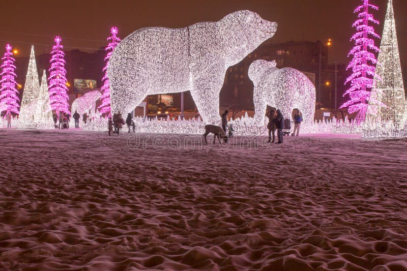 Russia, Moscow, Rostokino: Christmas light composition with bears royalty free stock images Russia, Moscow, Rostokino: Christmas light composition with bears royalty free stock images