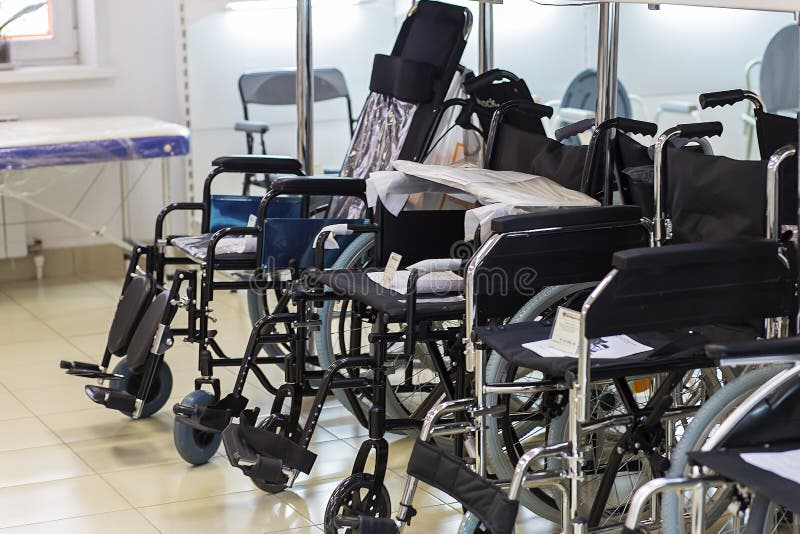 Russia, Moscow, June 2, 2018, wheelchairs in the shop, editorial stock images Russia, Moscow, June 2, 2018, wheelchairs in the shop, editorial stock images
