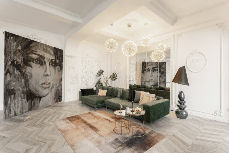 Russia, Nizhny Novgorod - September 15, 2018. Leona stage - Modern spacious photo studio. luxury living room with