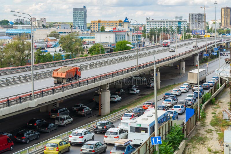 Russia, Rostov on Don, September 26, 2018: City road surface floor with viaduct bridge.