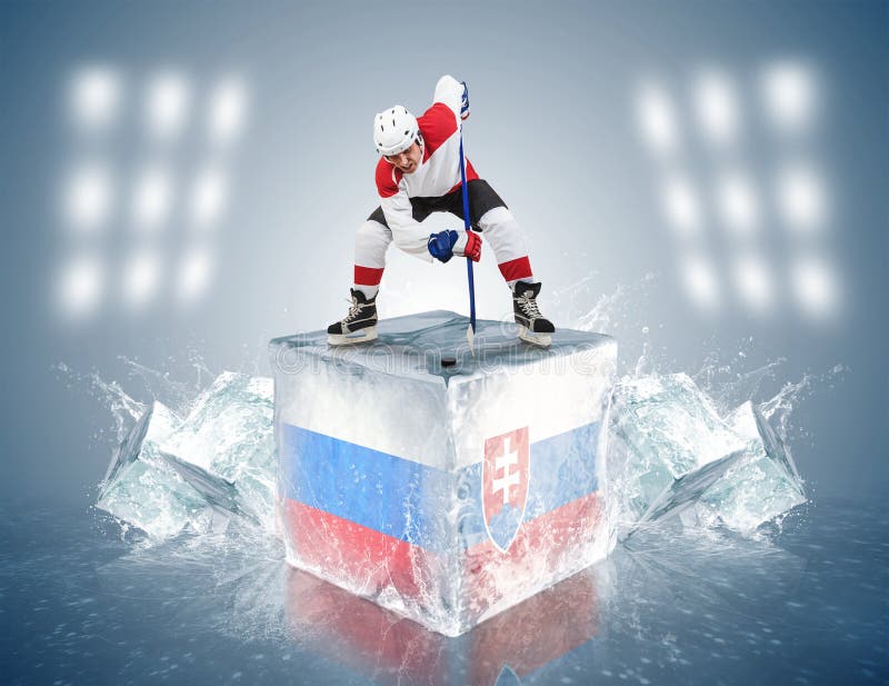 Russia - Slovakia game. Face-off player on the ice cube.