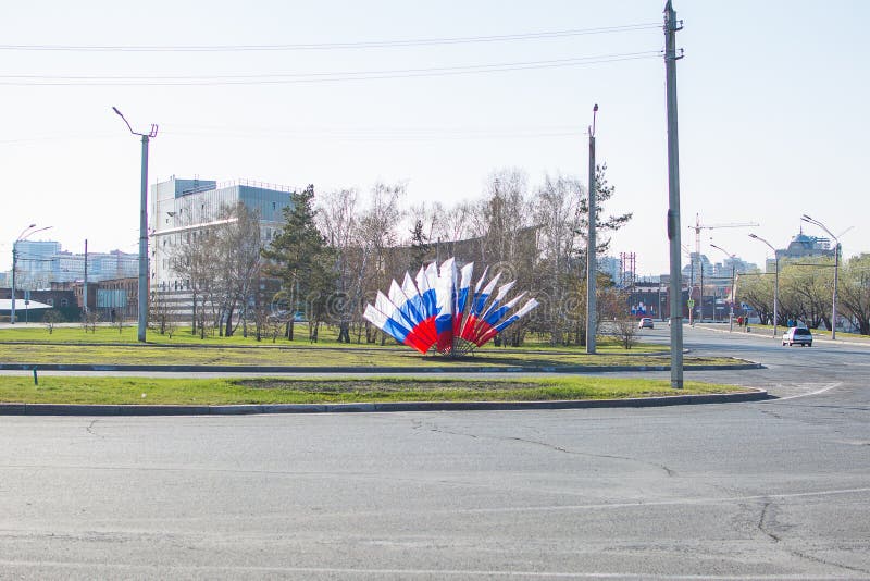 Russian banners on a city street stock photos Russian banners on a city street stock photos