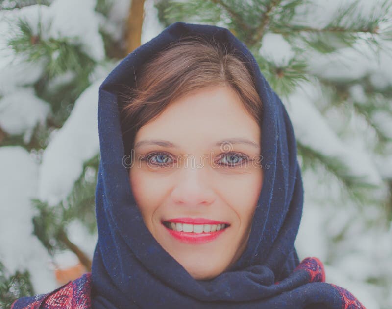 Russian Beautiful Girl Near The Christmas Tree In The Forest Stock