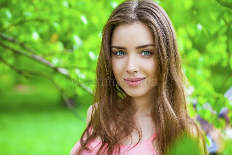 Russian Beauty Young Brunette Girl At A White Birch Stock Image