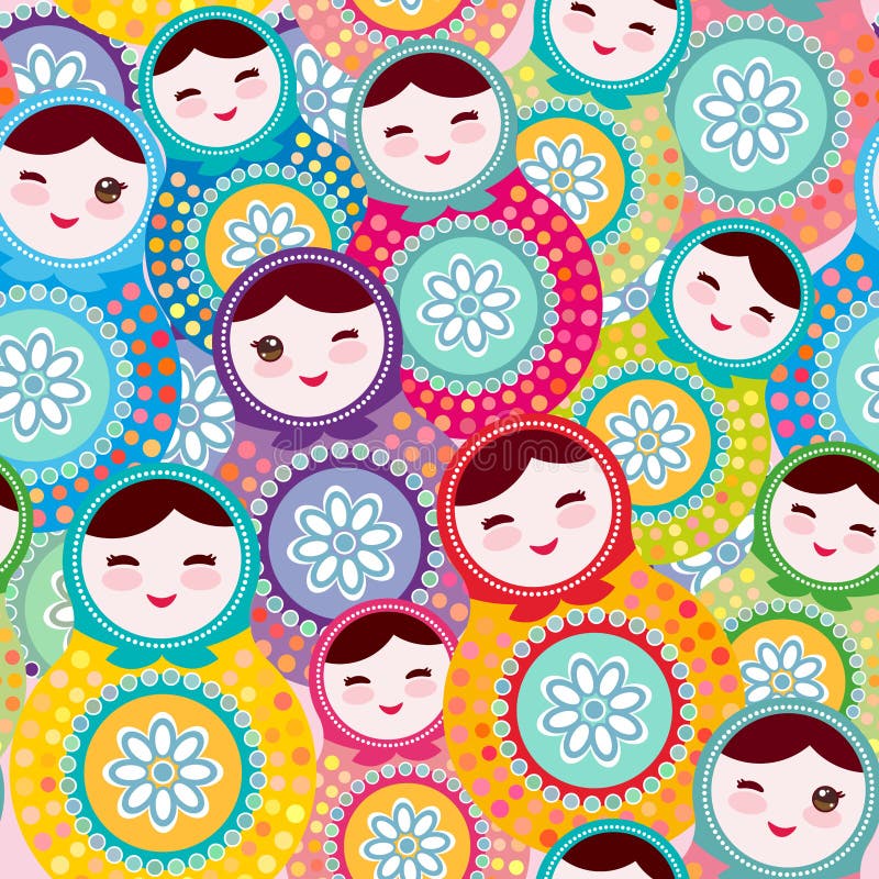 Russian dolls matryoshka, pink blue green colors colorful bright, seamless pattern. Vector