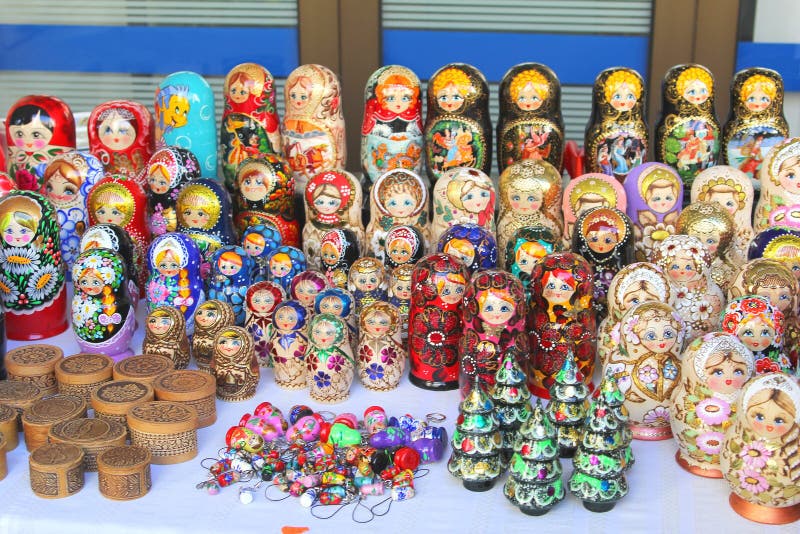 Handicrafted Russian dolls for sale in a souvenir shop